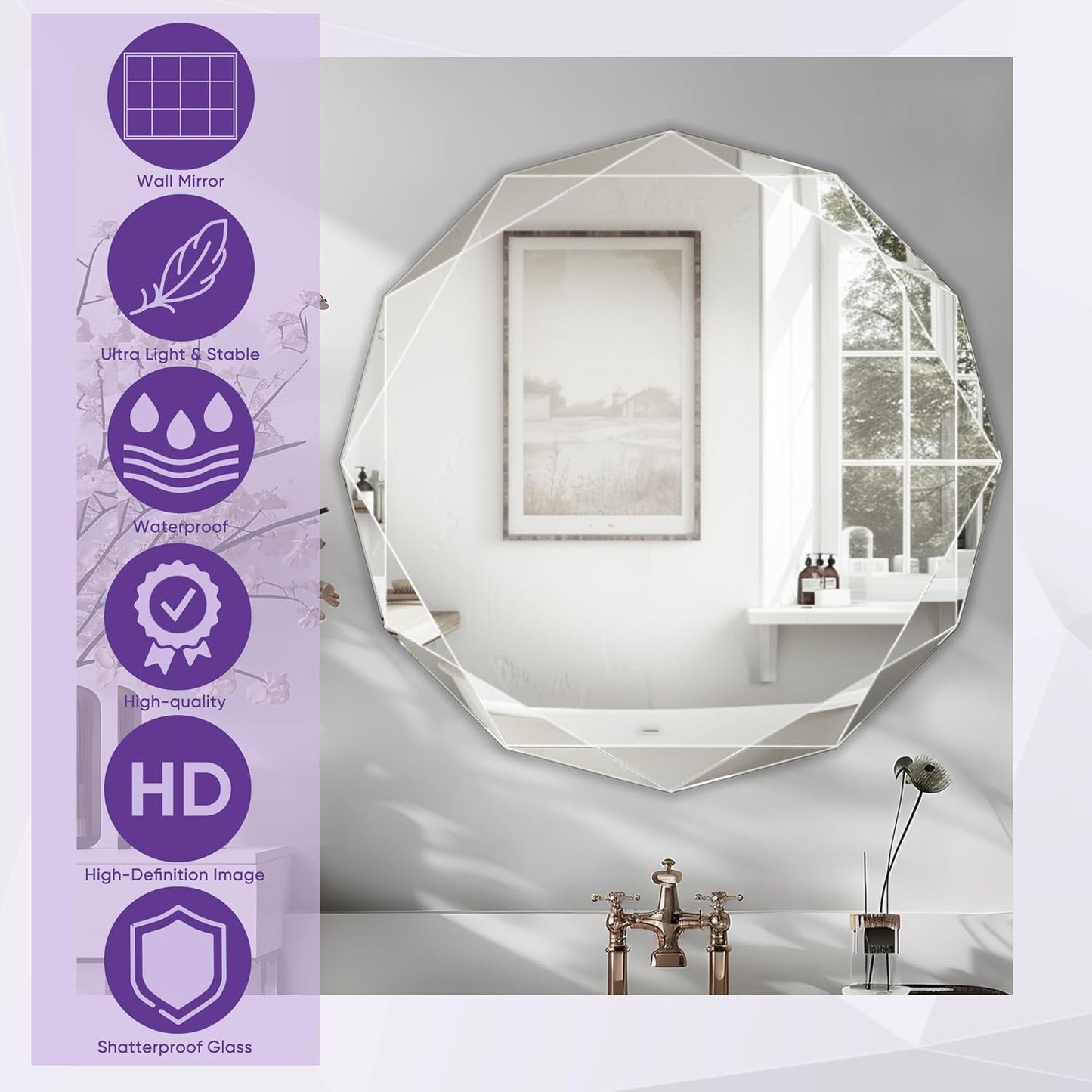 Bathroom Mirror for Wall, 24" x 24" Circle Bathroom Vanity Mirror, Beveled Edge Frameless Wall Mount Vanity Mirror, Decorative Round Irregular Beveled Edge