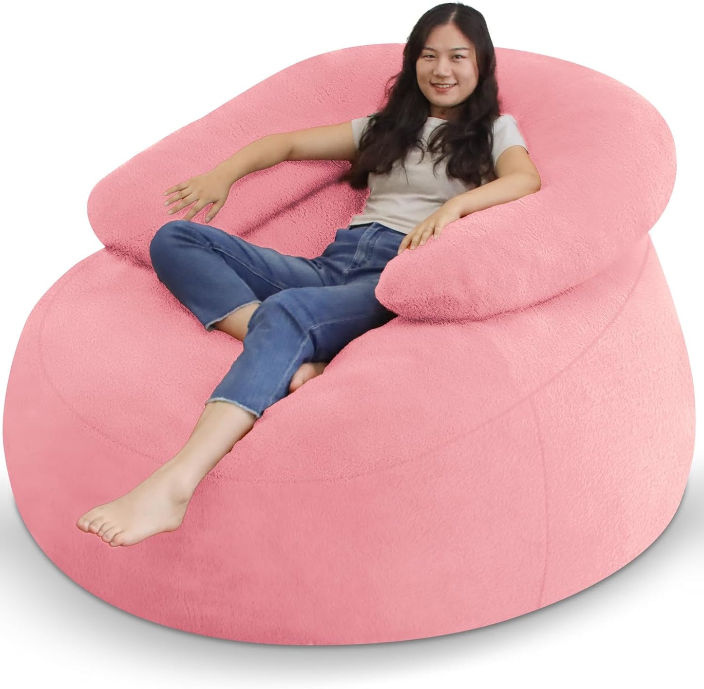 HABUTWAY Bean Bag Chair with U-shaped Pillow for Adult and Kids Big BeanBag Chair with Filling Ultra Soft Faux Fur Couch Chair with Washable Cover for Living Room Bedroom Office, Light Pink&Light Pink
