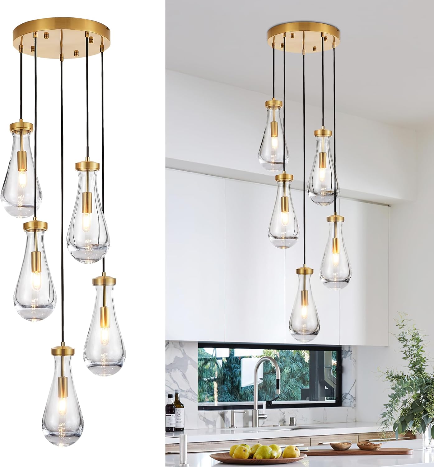 5-Light Raindrop Pendant Light Fixtures, Brass Glass Pendant Lighting, Teardrops Modern Hanging Light for Entryway Foyer Kitchen Island Dining Living Room Hallway