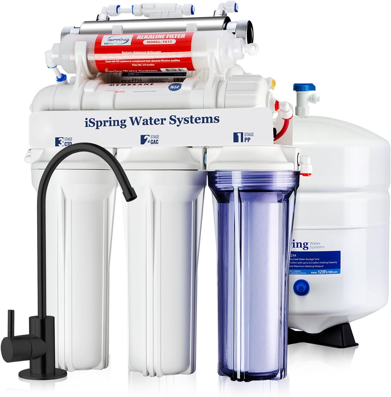iSpring RCC7AK-UVBLK, NSF/ANSI 58 Certified, Alkaline and UV 7-Stage Reverse Osmosis Water Filter System, Clear Housing for Easy Filter Inspection, Reduces PFAS, TDS, Chlorine, Lead, pH+