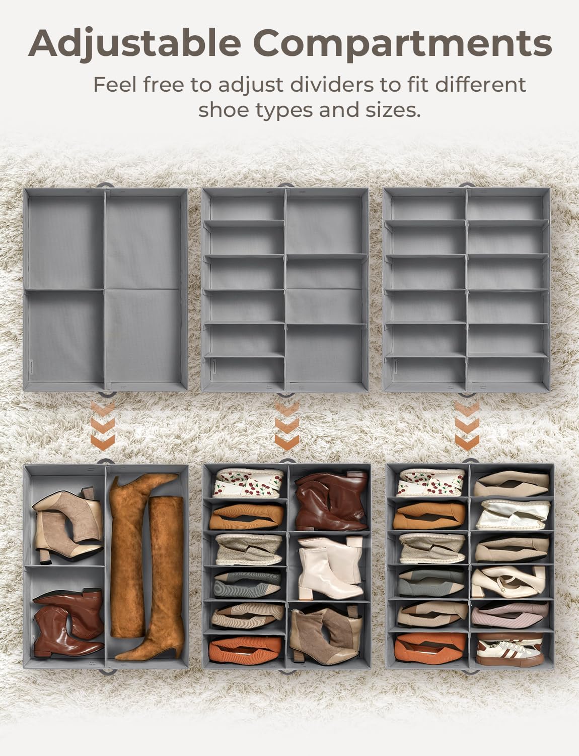 StorageWorks Under Bed Shoe Storage Organizer, Underbed Shoes Container with Adjustable Dividers, Shoe Storage Basket with Cover, Grey, 2-Pack, Space-Saving Shoe Box Fits up to 24 Pairs