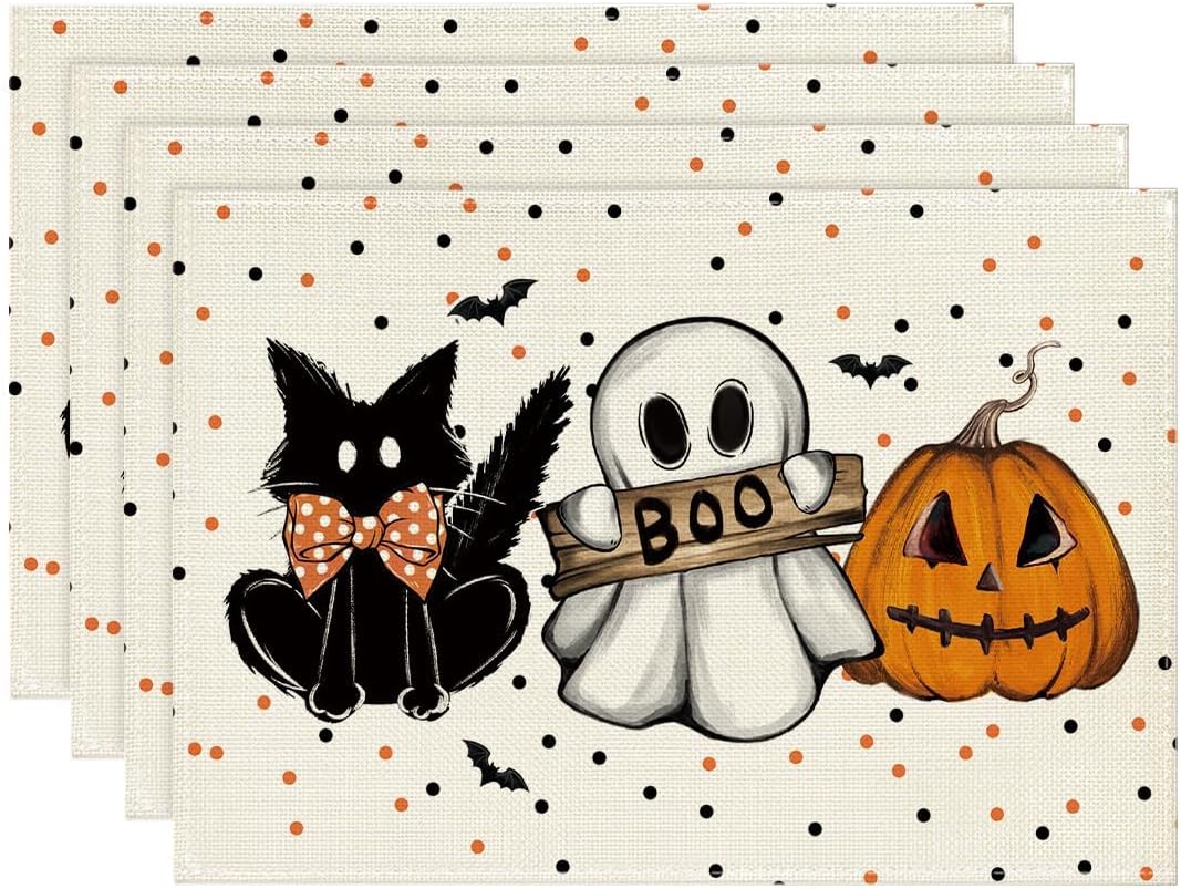 Artoid Mode Beige Polka Dot Ghost Pumpkin Cat Boo Halloween Placemats Set of 4, 12x18 Inch Seasonal Table Mats for Party Kitchen Dining Decoration