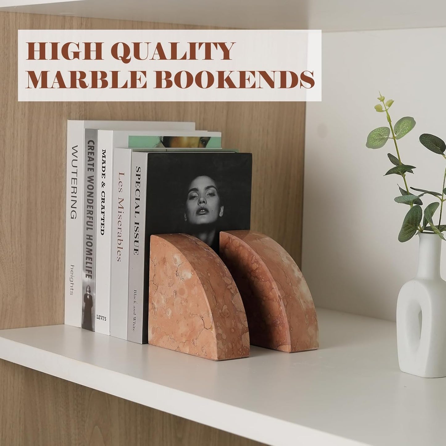 Marble Bookend for Shelves, Non-Skid Bookends for Heavy Books, Heavy Duty Book Stopper for CDs, Luxury Book Shelf Holder, Quarter Circle Design Book Ends Decorative, Perlino Rosato, Set of 2