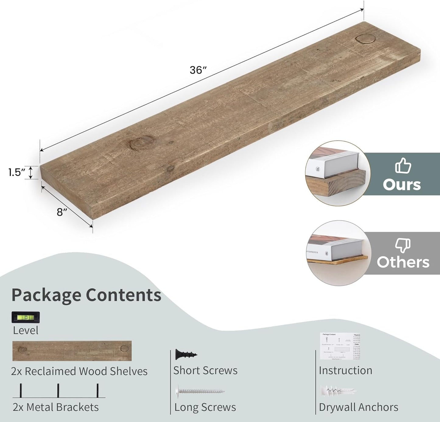 Floating Shelves | 8" Deep Rustic Reclaimed Barnwood Wall Hanging Shelves with Invisible Heavy-Duty Metal Bracket | Wall Mounted | Farmhouse Style | 36 inches, 2 PCs, Distressed Natural