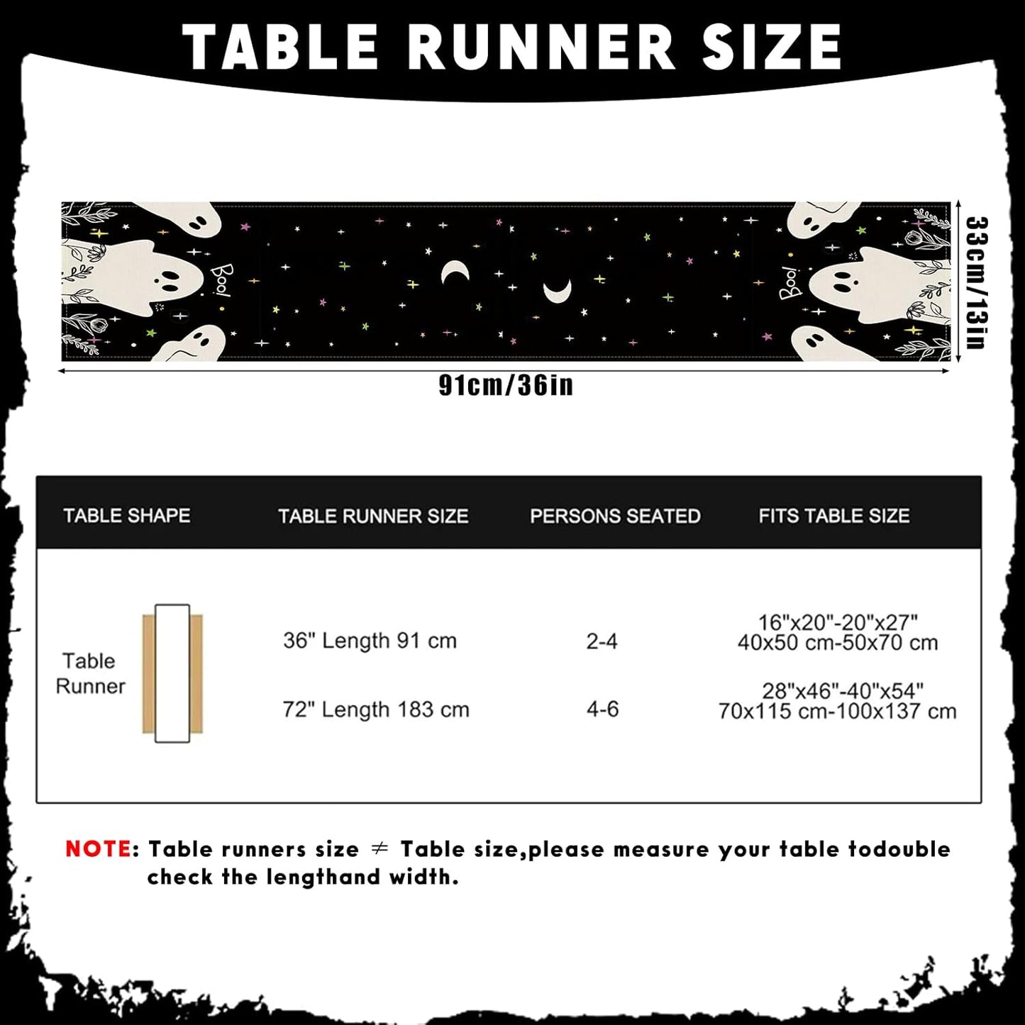 Halloween Black Table Runner Spooky Ghost Floral Boo Table Linen Runner Seasonal Holiday Kitchen Dining Table Decoration Halloween Decorations for Indoor Outdoor Home Party Decor 13x36 Inch