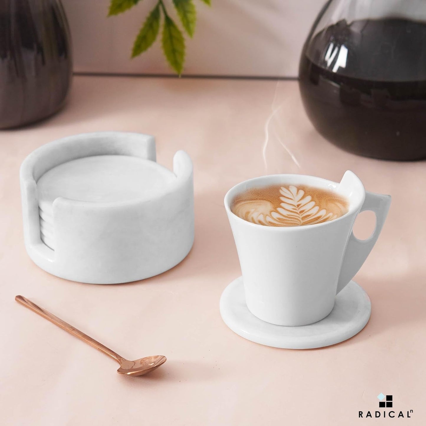 Marble Coasters Set of 6 White 3.5 Inch Round Coaster for Drinks with Holder, Drink Coaster for Tabletop & Coffee Table Decor, Ideal Home Decor House Warming Gifts