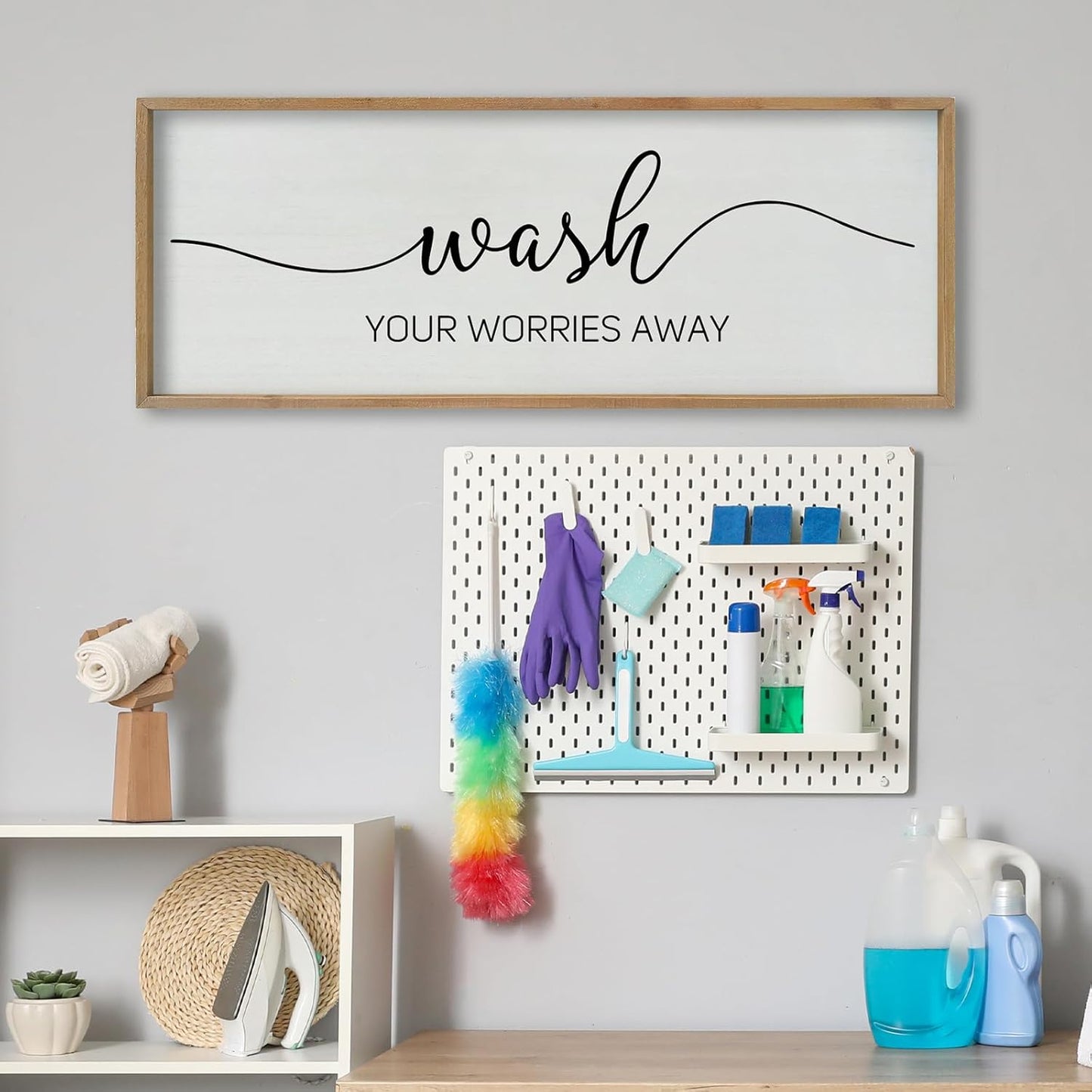 SRSZHIYUE Wash Your Worries Away Bathroom Sign Wall Art 40"x15" Funny Restroom Toilet Large Wood Framed Hanging Decor (Wood)