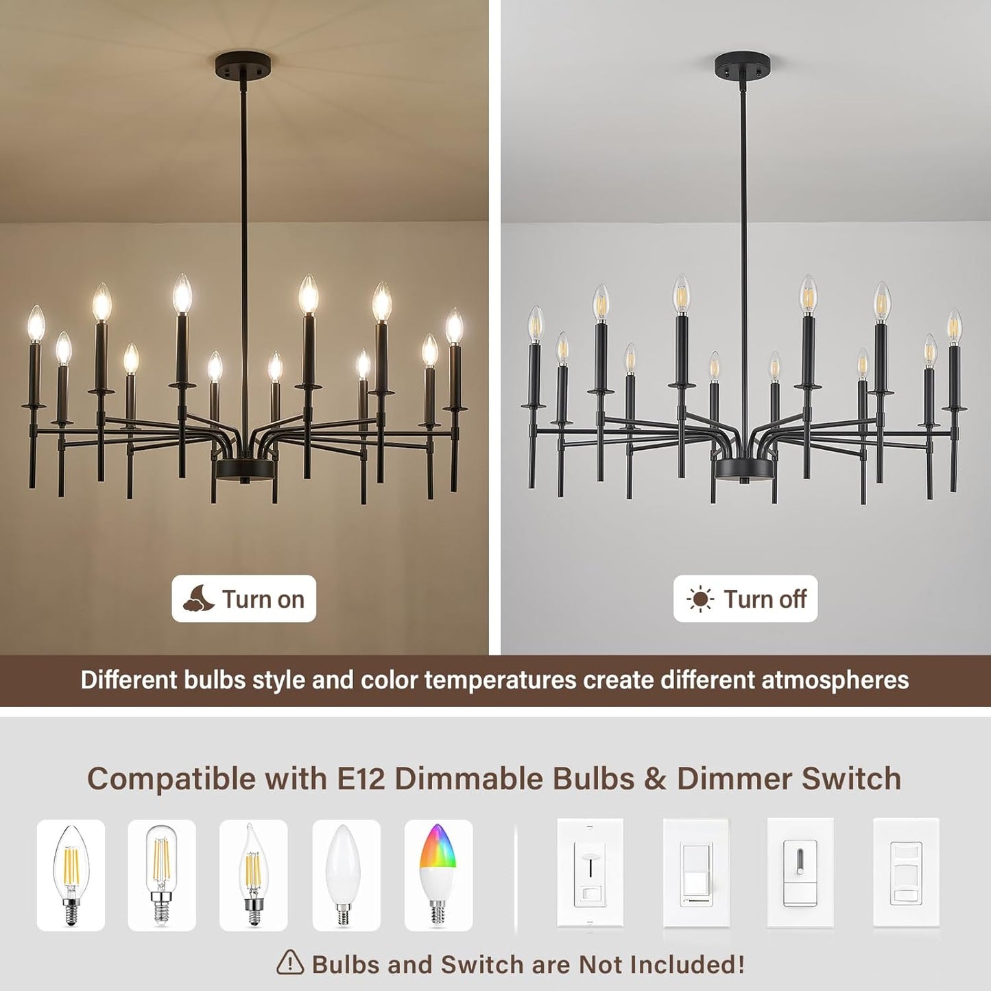 12 Light Black Chandelier Light Fixture, Modern Farmhouse Chandeliers for Dining Room Light Fixture, Metal Candle Pendant Chandelier for Foyer Entryway Stairs Living Room Bedroom Kitchen