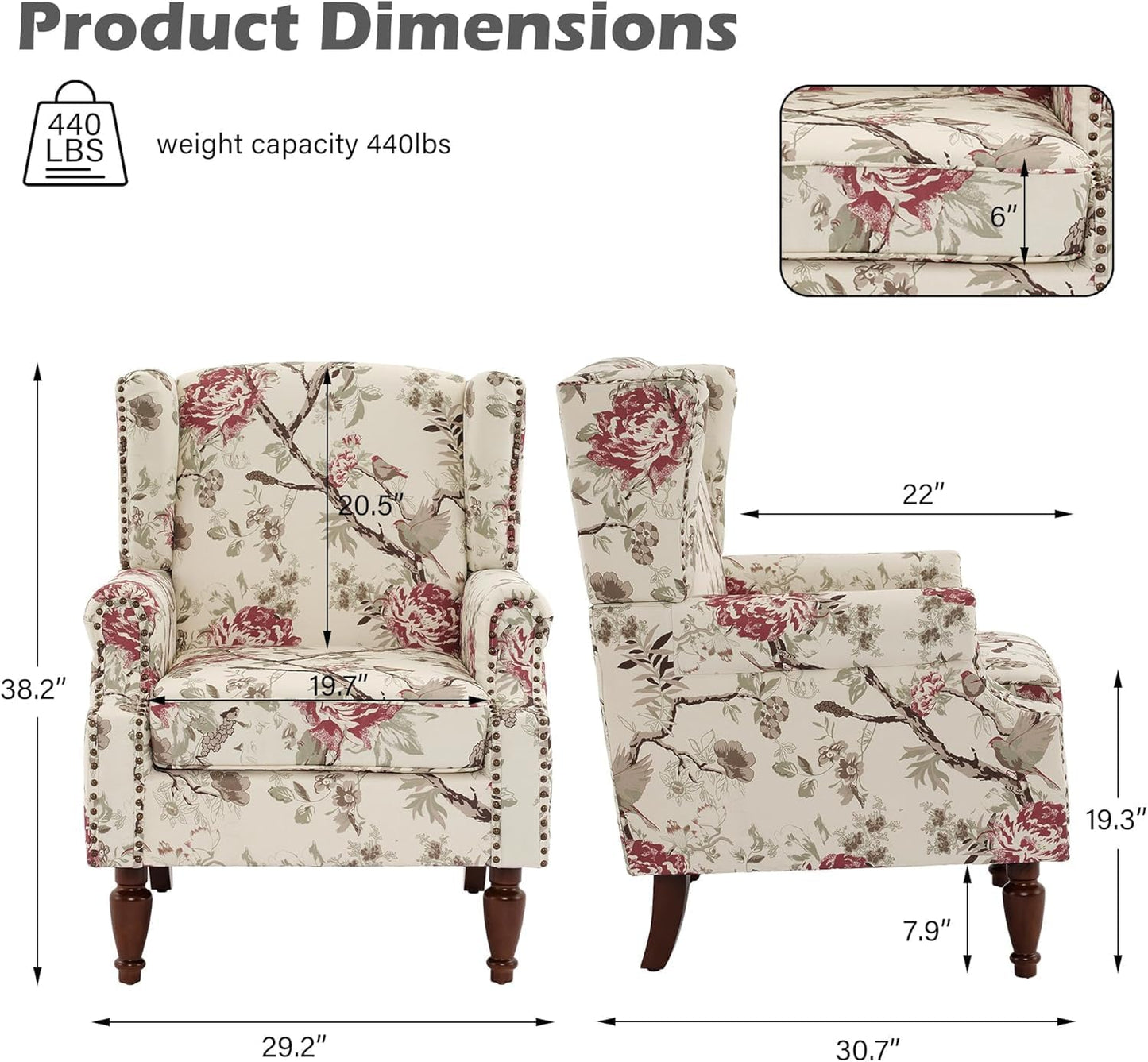 UIXE High Back Accent Chairs Set of 2, Fabric Upholstered Armchair for Living Room, Retro Printed Wingback Arm Chair Rivet Trimed Single Sofa Bedroom Reading Seat - Beige Floral