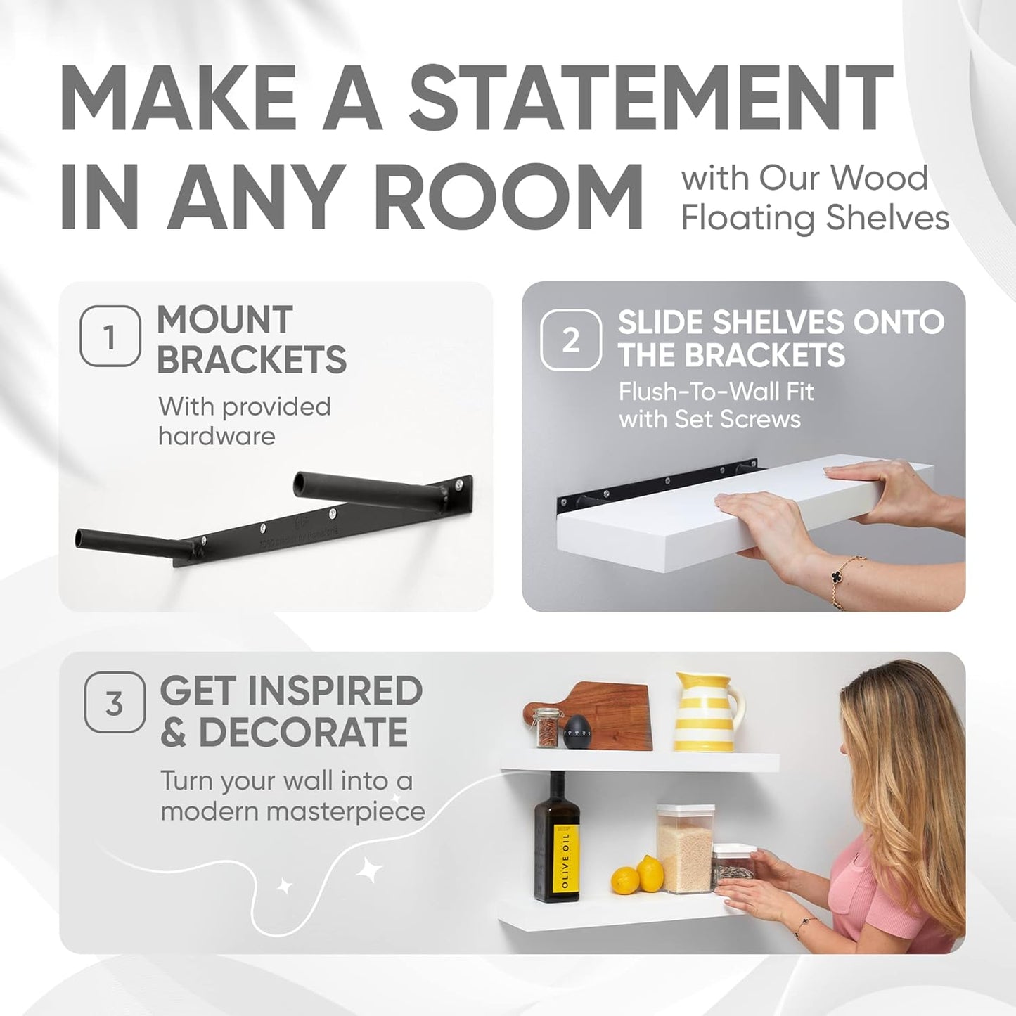 Homeforia White Floating Shelves 24 inch, High End Solid Real Wood 24inch Bathroom Floating Shelf for Wall Mounted, White Wooden 24in Floating Shelves, Heavy Duty Bracket, 24 X 6.5 X 1.75 in, Set of 3