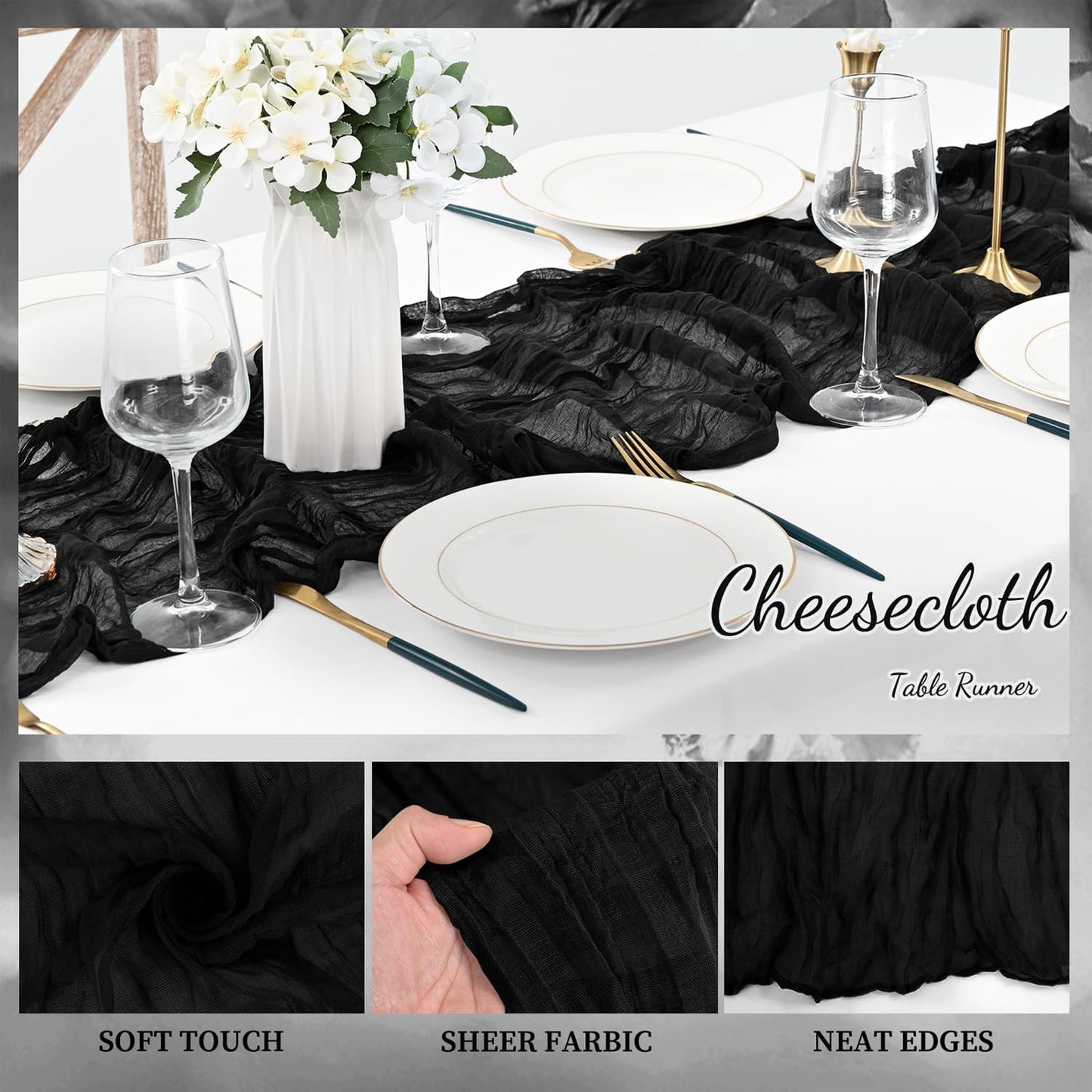 10FT 20 Pack Black Cheesecloth Table Runner 20 x 120 Inch Long Boho Fabric Rustic Cheese Cloth Table Runner for Wedding Bridal Shower Baby Shower Gauze Sheer Birthday Party Table Decorations