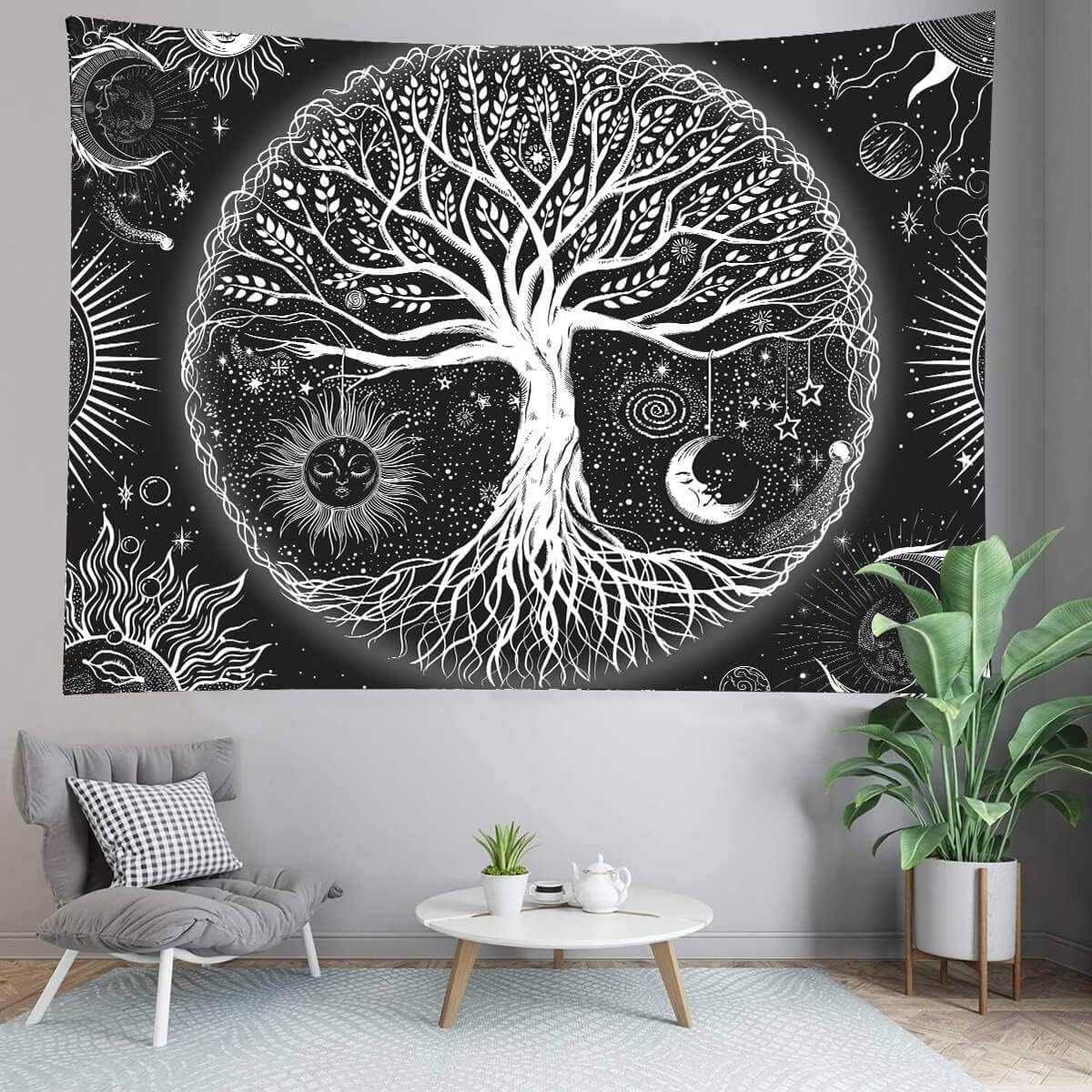FORATER Tree of Life Tapestry Wall Hanging, Sun and Moon Aesthetic Wall Tapestry Black and White Tapestries Home Decor for Living Room Bedroom(53 x 61 Inch, Black and White)