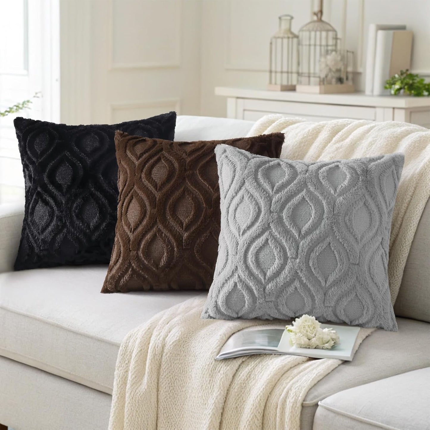 decorUhome Fall Throw Pillow Covers 20x20 Inch Set of 2, Soft Plush Decorative Faux Fur Black Solid Couch Pillow Covers, Accent Farmhouse Neutral Square Euro Pillow Cases for Sofa Bed Living Room