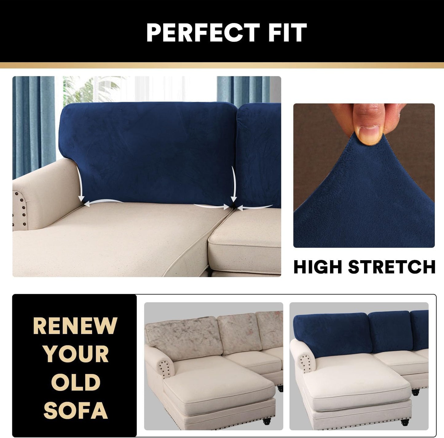 PrinceDeco Sectional Couch Covers Velvet Cushion Covers for Sectional Couch Cushion Covers for Sectional Sofa Separate Sectional Sofa Slipcovers Washable(1 Chaise Back+ 2 Sofa Back,Navy)