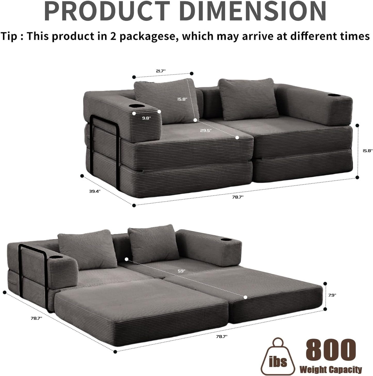 78" W Loveseat Sofa, 4 in 1 Convertible Floor Sofa Bed, Boneless Cloud Couch with Cup Holder, Fold Out Floor Couch, Loveseat Recliner Sleeper for Living Room Bedroom Lounge(Corduroy, White)