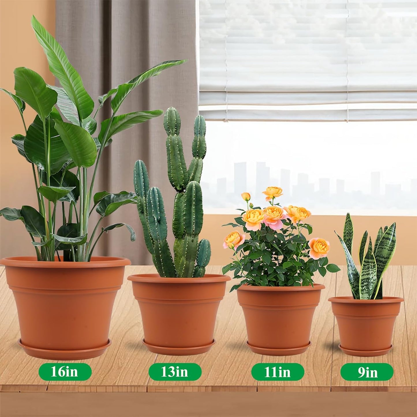 11 Inch Plastic-Flower-Pot-for-Indoor-Plants, 4 Pack Large Outdoor Planter Pot with Drainage Holes & Saucers, Resin Decorative Garden Pots Planters