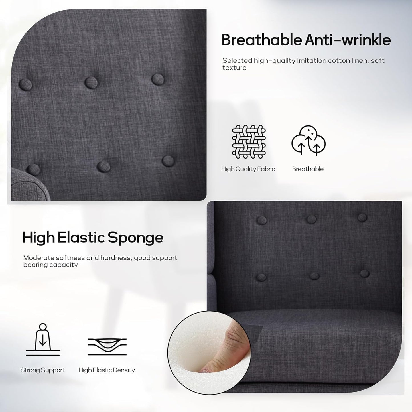 HUIMO Accent Chair Living Room Chair, Upholstered Button Tufted Armchair, Linen Fabric Sofa Chairs for Bedroom, Living Room, Mid Century Modern Comfy Reading Chair (Grey)