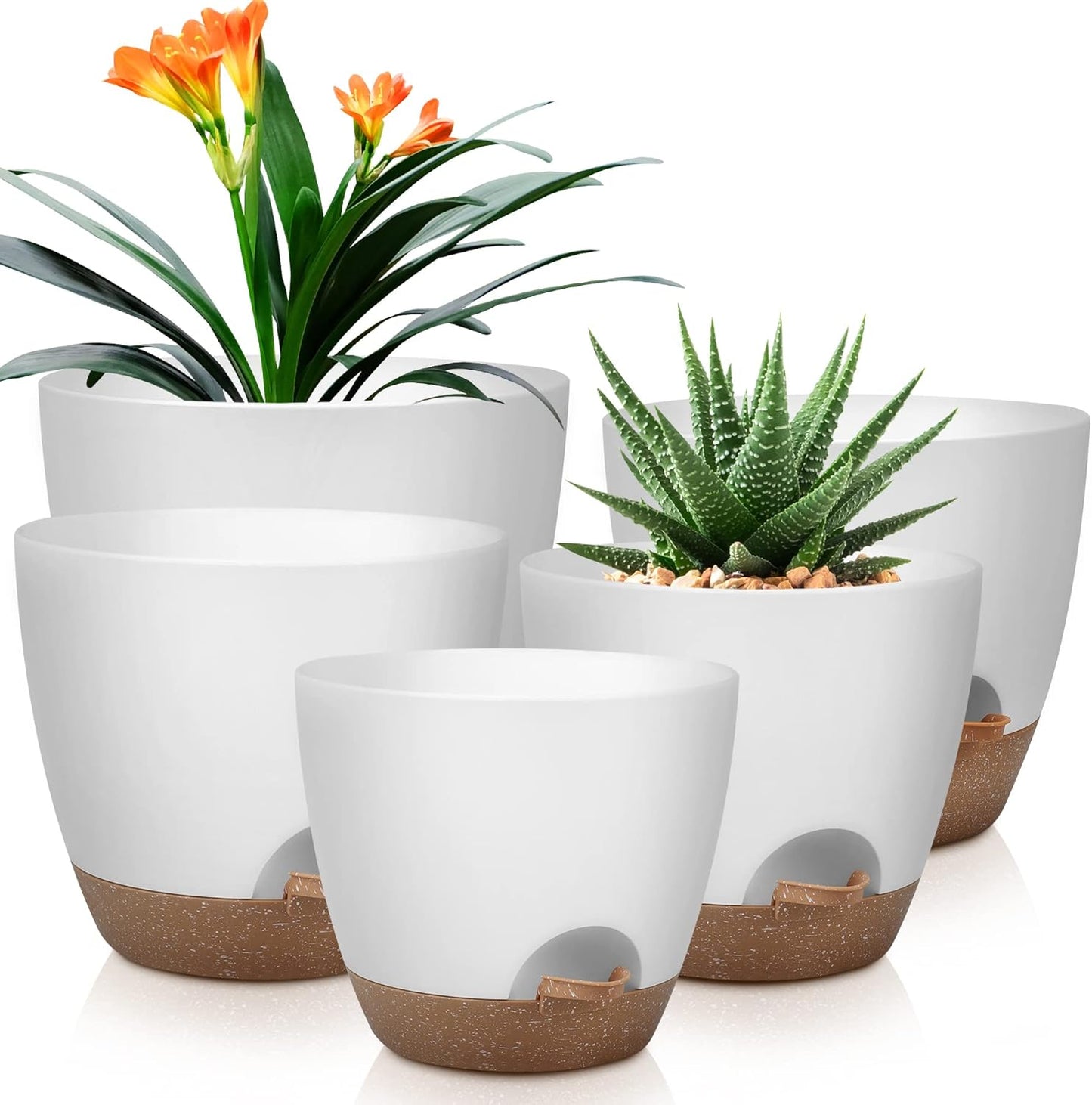 Plant Pots 10/9/8/7.5/7 Inch Self Watering Pots, Set of 5 Plastic Planters with Drainage Holes and Saucers,Plastic Flower Pots,Nursery Planting Pot for Indoor Out Door Plants（White）