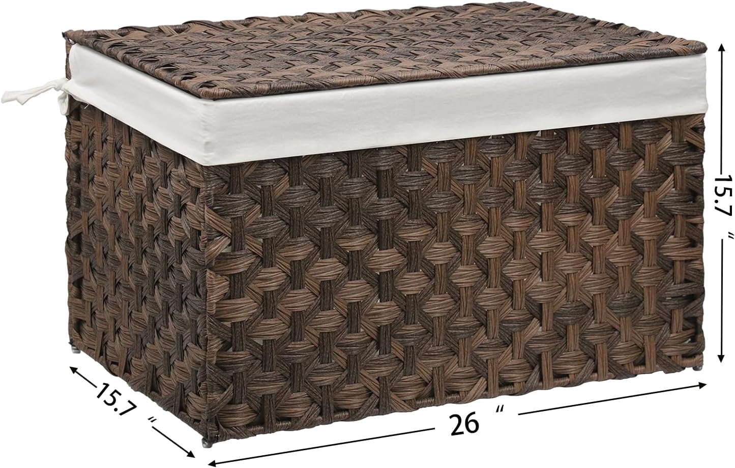 Wicker Storage Basket with Lid, 27.7 Gallon (105L) Large Blanket Basket with Lid, Woven Storage Bin with Handles, Removable Liner, Metal Frame, Foldable, for Bedroom, Laundry Room, Brown