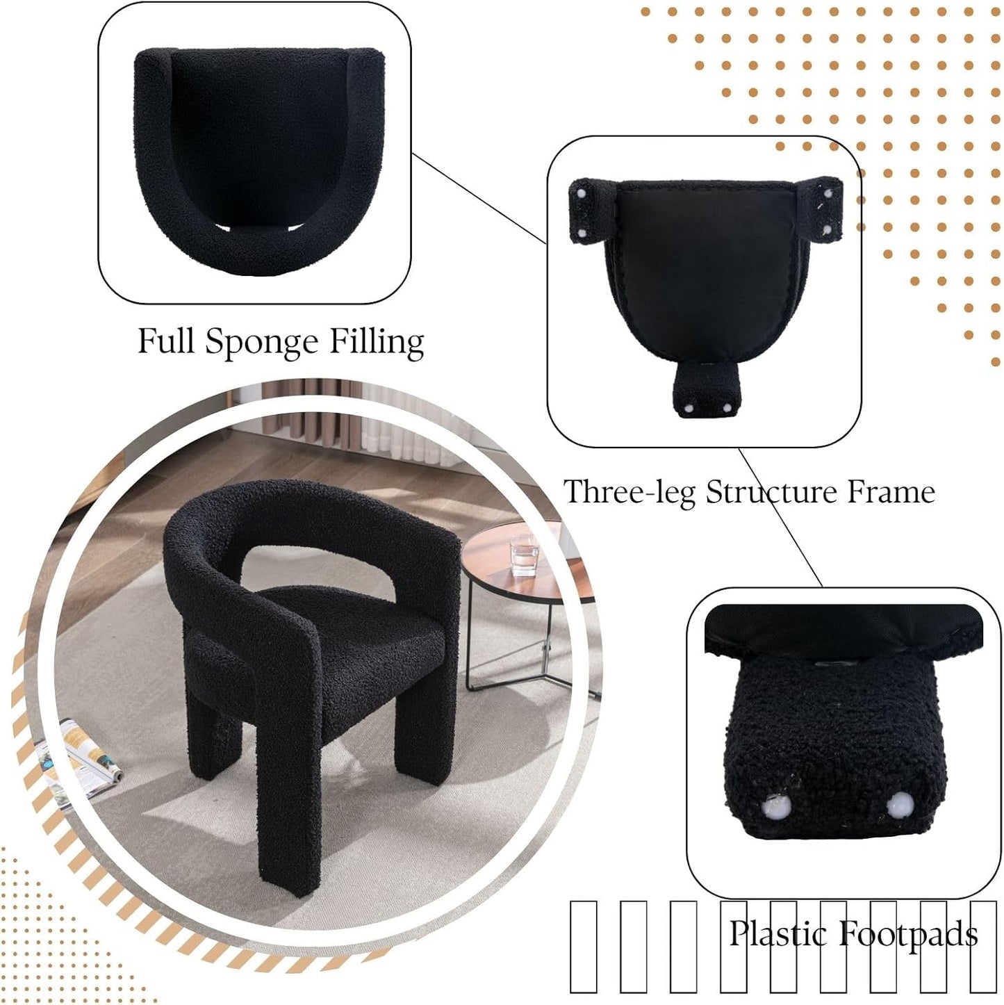 Black Sherpa Dining Chairs Set of 6, Modern Barrel Dining Room Chairs Upholstered Faux Fur Accent Chair with Arms and Round Back for Living Room Kitchen Armchair No Assembly Needed