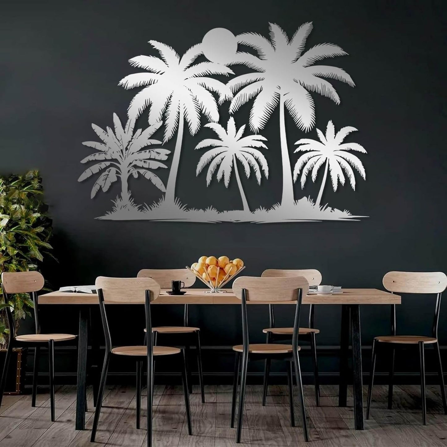 Tuglona Metal Palm Tree with Sunset Wall Decor, Tropical Palm Tree Metal Wall Art, Tropical Wall Decor, Sun Wall Art, Beach Wall Decoration, Coastal Trees Wall Hanging (Silver, 48"x33"/121x84cm)