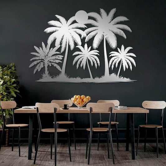 Tuglona Metal Palm Tree with Sunset Wall Decor, Tropical Palm Tree Metal Wall Art, Tropical Wall Decor, Sun Wall Art, Beach Wall Decoration, Coastal Trees Wall Hanging (Silver, 41"x29"/105x73cm)