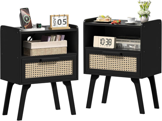 Lerliuo Rattan Nightstands Set of 2, Bedside Table with Drawer Open Shelf, Cane Accent Side End Table with Solid Wood Legs, Black Mid Century Night Stand for Bedroom, Dorm and Small Spaces