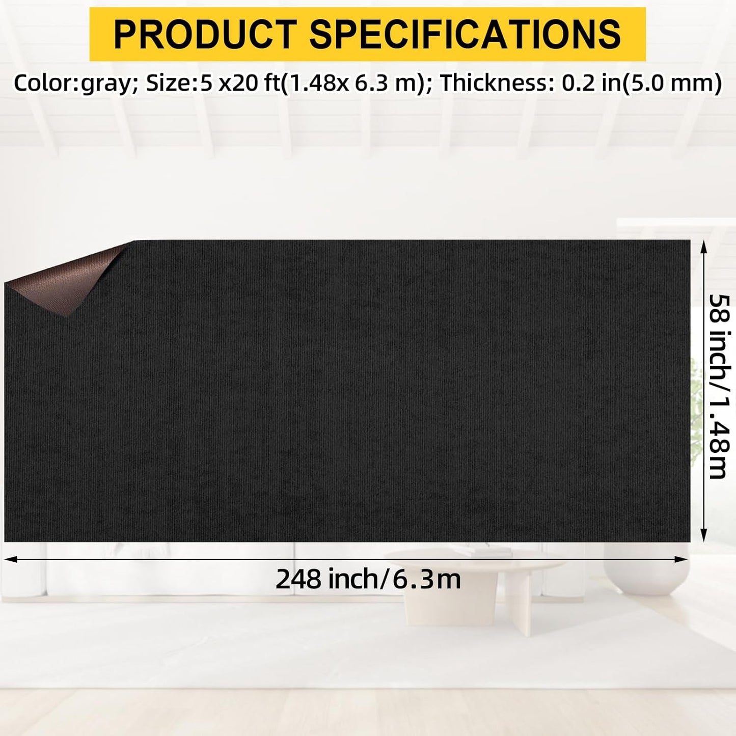 Marine Carpet, 5 FT x 20 FT Black Indoor/Outdoor Carpet, 0.2" Thick, Non-Slip, Waterproof, Machine Made, High Pile, Rectangular Area Rug