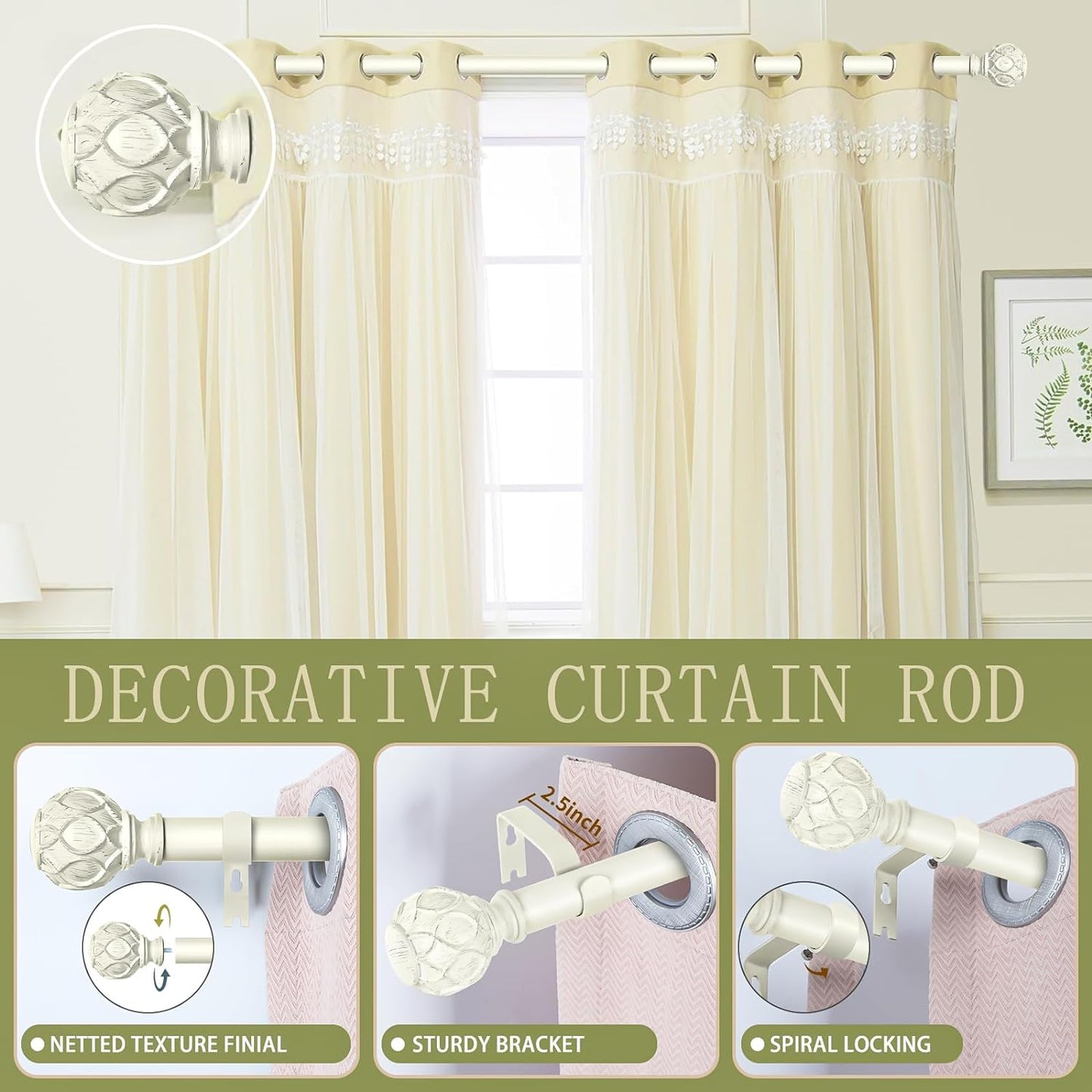 White Farmhouse Curtain Rods for Windows:Heavy Duty Adjustable Curtain Rod for Bedroom Living Room,Boho Decorative Rustic Drapery Rods with Vintage Coastal Finials,Antique White 2 Pack 66-120"