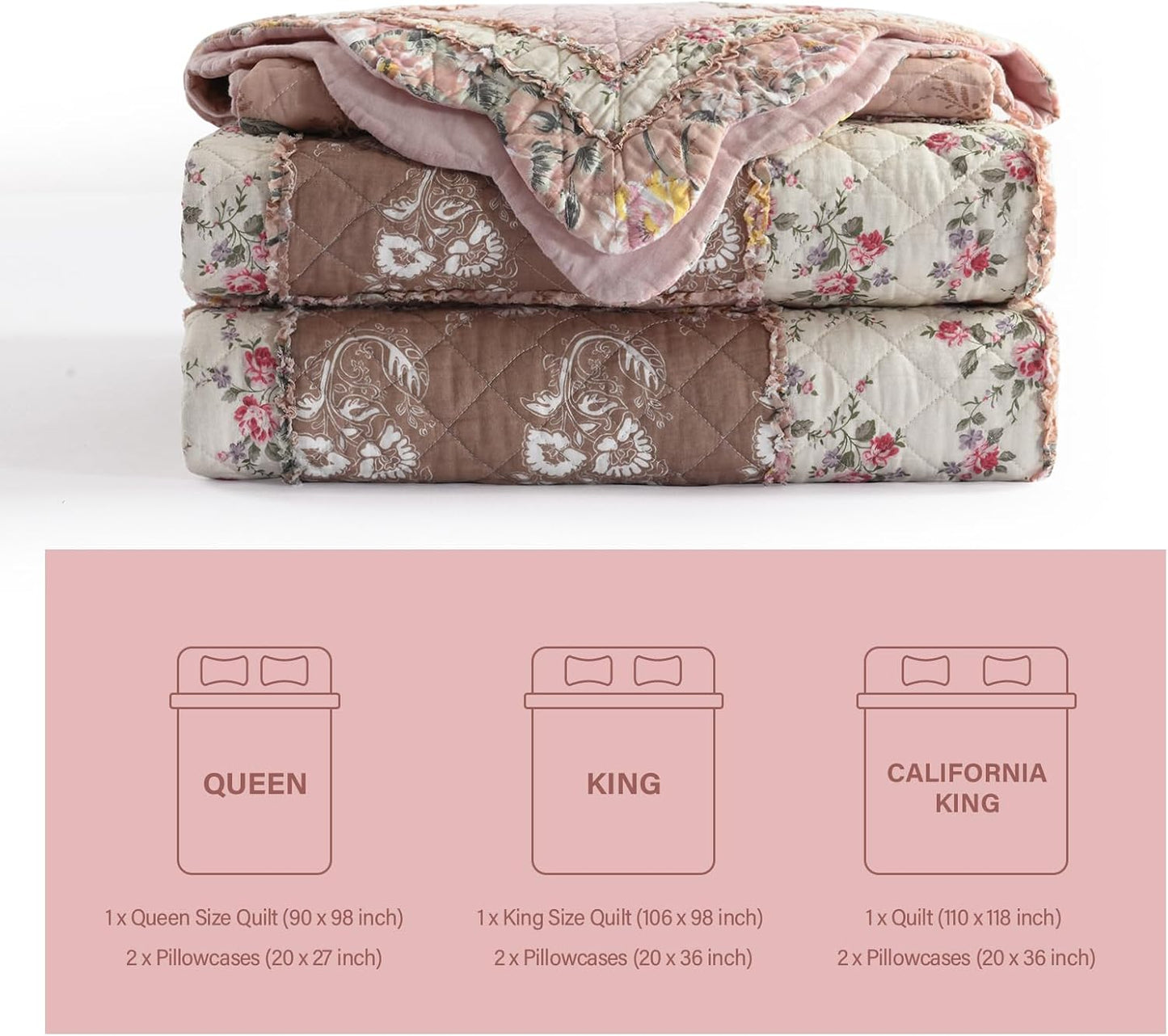 NEWLAKE Quilt Set King Size, Cotton Patchwork Pink Floral Quilt Sets, Real Stitched Embroidery Bedspread Lightweight and Breathable for All Seasons, Soft Quilted with 2 Pillow Shams