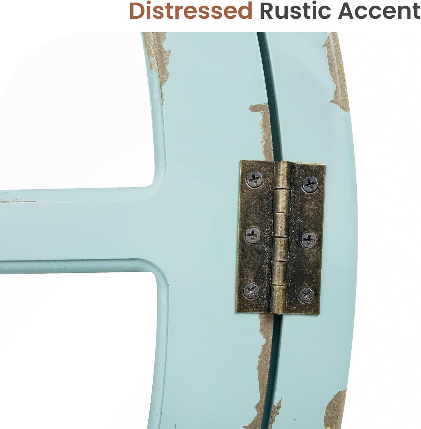 30" Round Window Mirror, Vintage Coastal Wall Mirror with Distressed Blue Wood Frame & Faux Windowpanes, Farmhouse Cottagecore Decor for Living Room, Entryway, or Dining Room