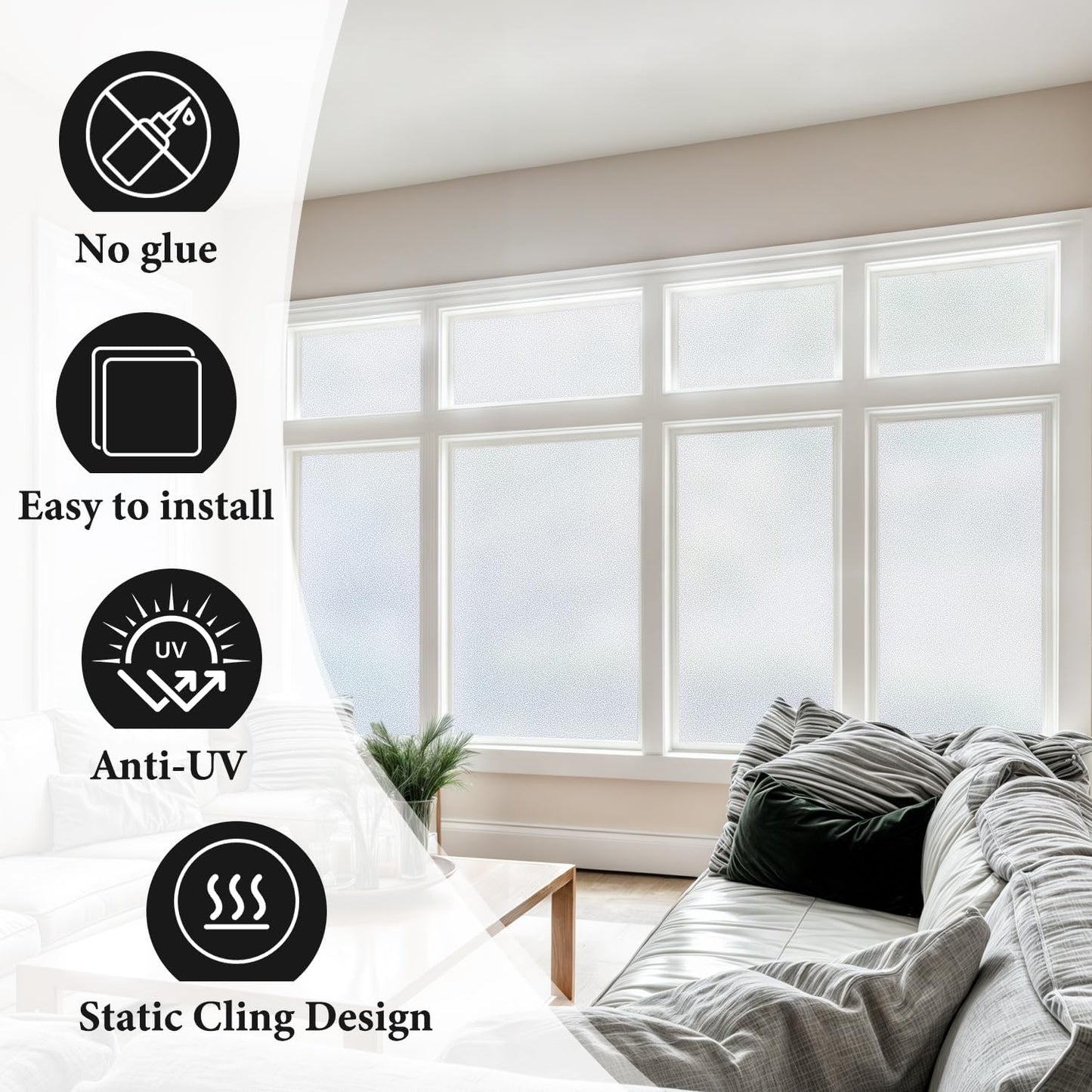 DUOFIRE Window Privacy Film Natural Frosted Glass Film Static Cling Glass Films No Glue Anti-UV Window Sticker Non Adhesive for Privacy Office Meeting Room Bathroom Living Room 11.8in. x 78.7in. S001