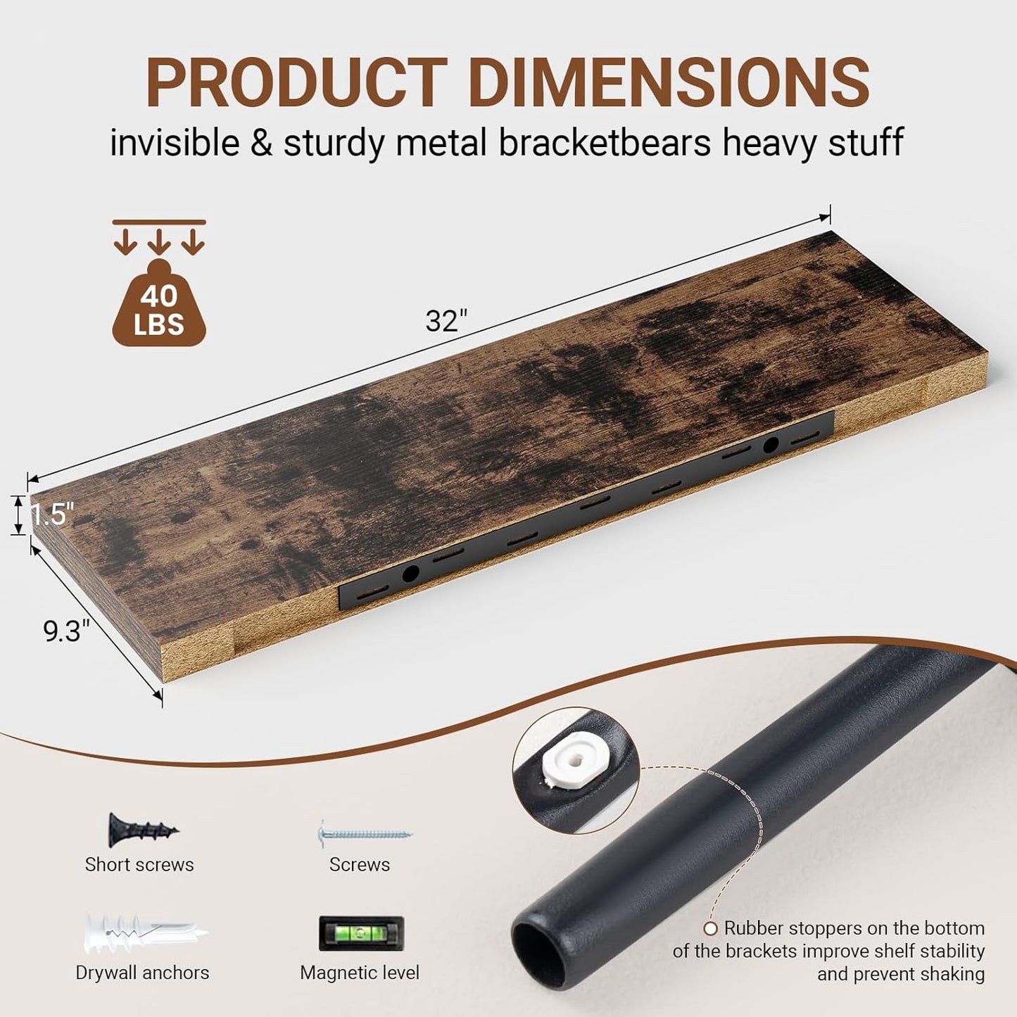 Heimlove 32 Inch Floating Shelves for Wall,Rustic Brown 9.3" Deep Floating Shelf Set of 2,Wall Mounted Shelves for Bathroom Bedroom Living Room Kitchen Office,Shelf for Books Storage Room,Home Decor