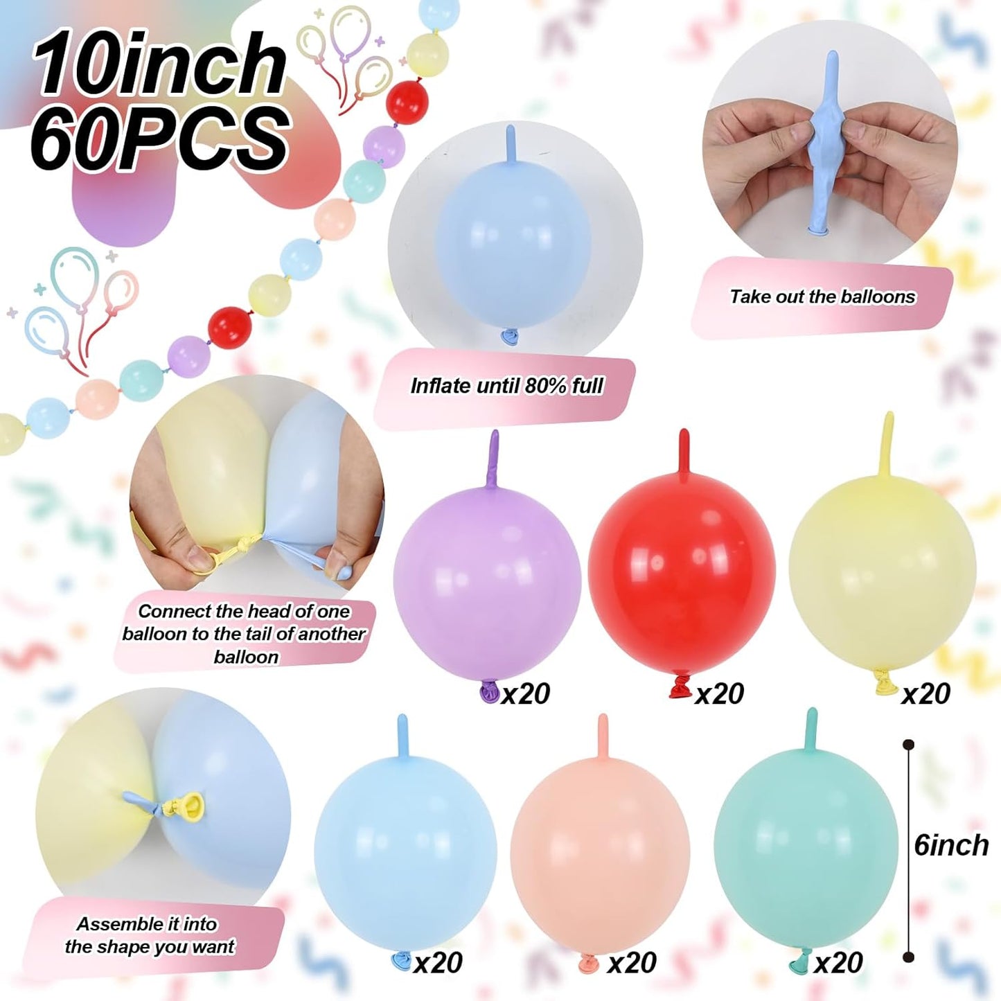 Pastel Rainbow Linking Balloons, 120PCS 6 Inch Colorful Quick Link Balloon Assorted, Multicolor Rainbow Connecting Balloons for Birthday Baby Shower Easter Independence Day Carnival Party Decorations