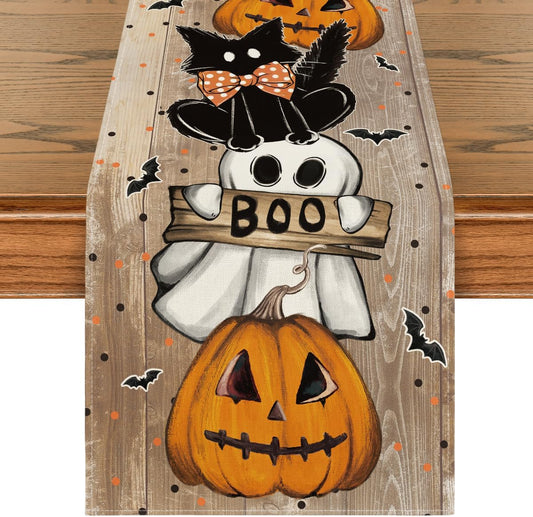 Artoid Mode Jack-O'-Lantern Ghost Pumpkin Cat Boo Halloween Table Runner, Bat Seasonal Kitchen Dining Table Decoration for Home Party Decor 13x72 Inch