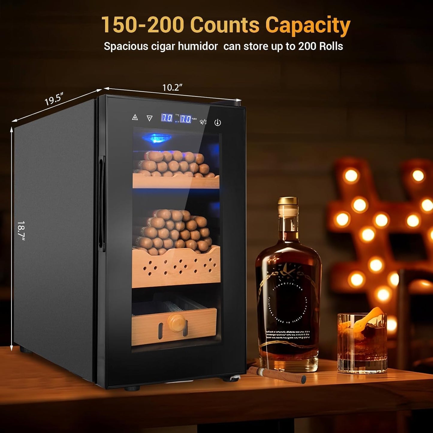 Electric Cigar Humidor, 25L 200 Counts Large Capacity,Thermostatic Electric Cooler Cabinet with Digital LED Screen, Safety Lock,Smart Humidity & Temp Control, Gifts for Men