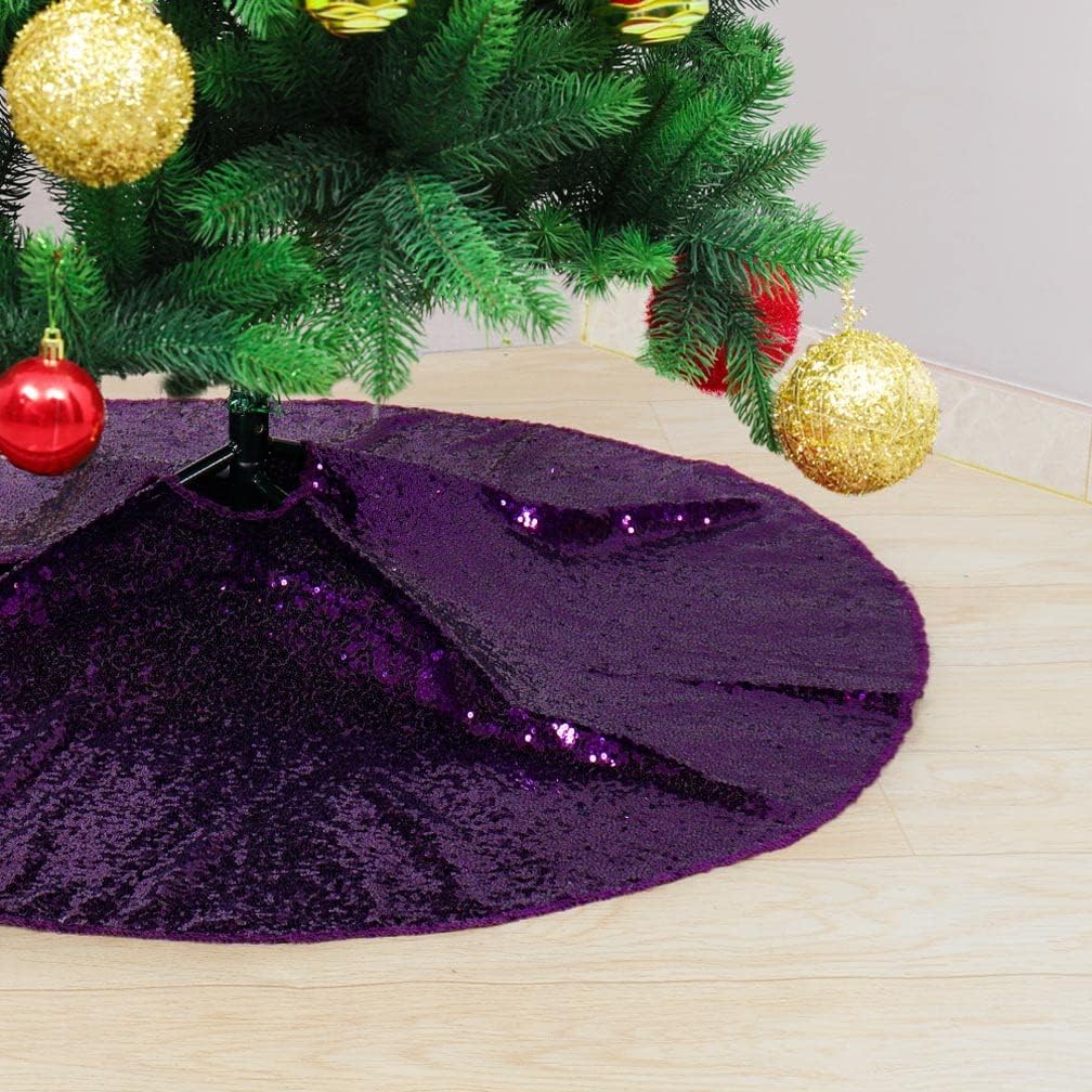 Partisout 48 Inch Purple Sequin Christmas Tree Skirt - Glitter Cotton Colorful Skirt for Halloween (48 in, Purple)