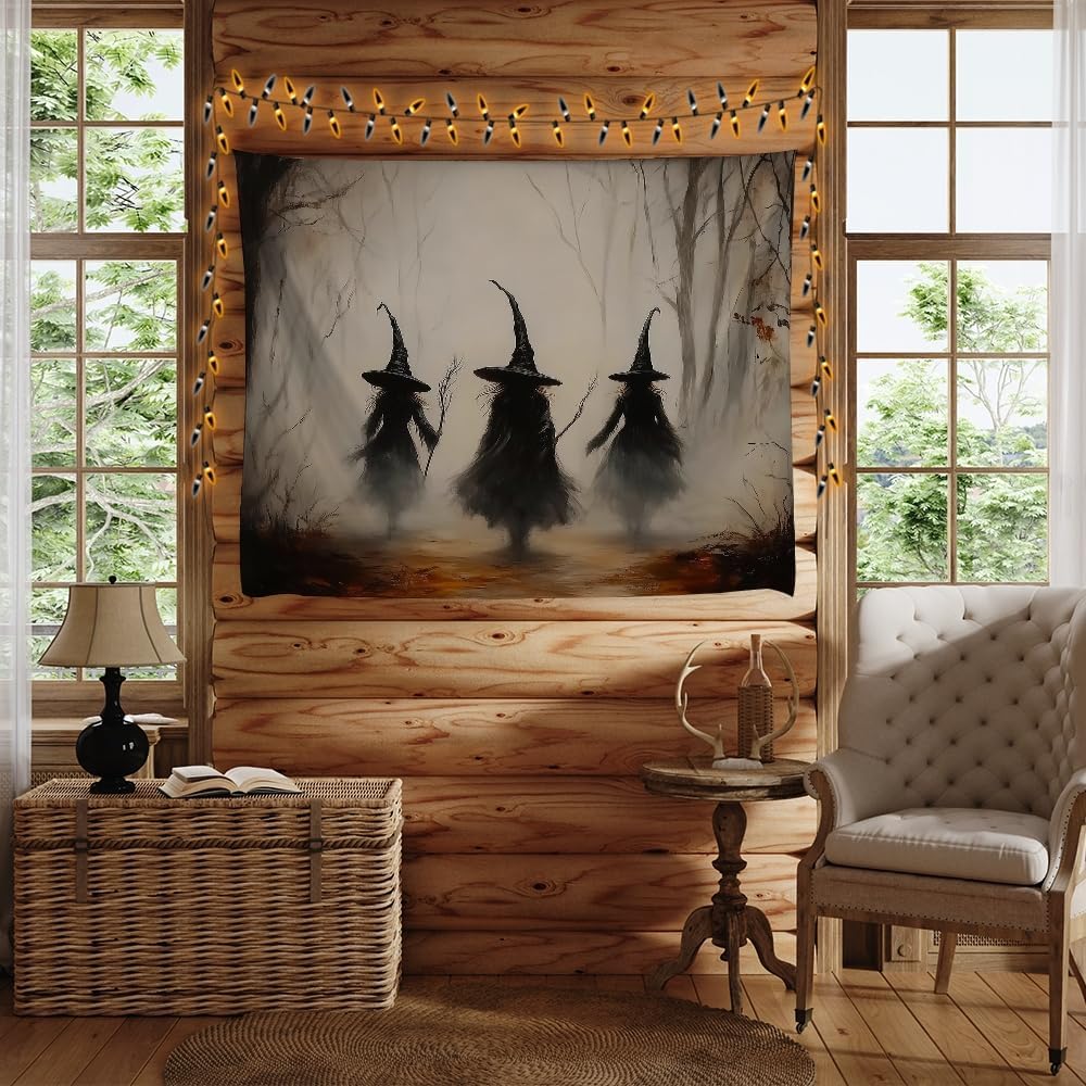 Witchy Halloween Tapestry Wall Hanging Vintage Spooky Witch Room Print Dark Academia Autumn Forest Three Witches Tapestries Decor for Halloween Living Room Bedroom Decoration 70x90inch