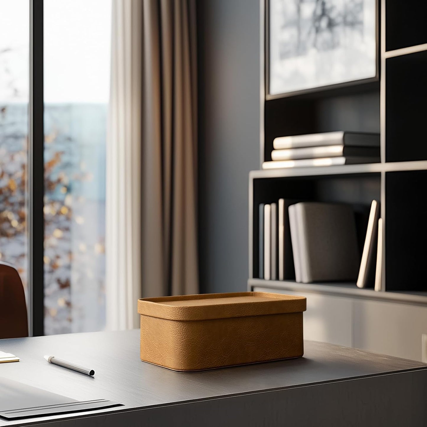 La Jolie Maison Vegan Leather Storage Boxes with Lids, Set of 3 Decorative Storage Containers Organize Stackable Storage Box, Camel