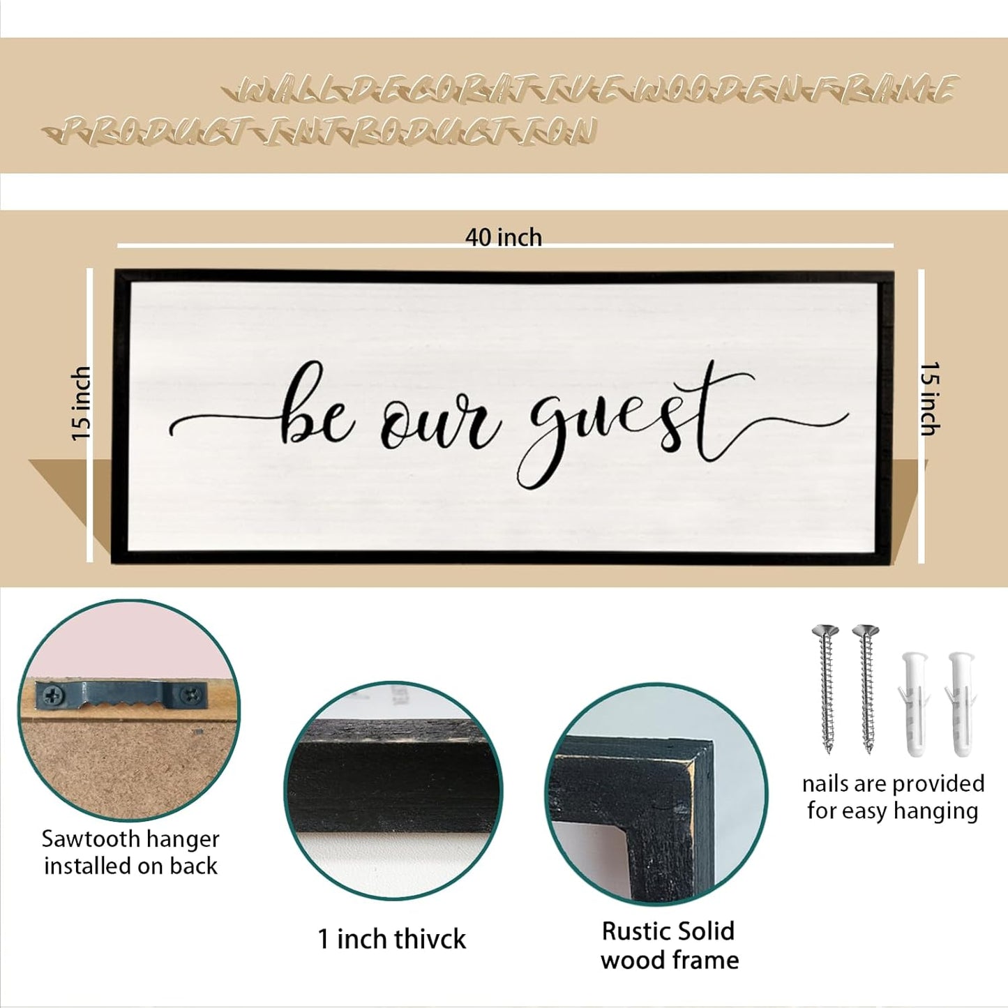 comurdyo Be Our Guest Wall Decor Sign 40”X15” Large Master Bedroom Above Bed Wall Decor Wood Framed Guest Room Sign Simple Rustic Farmhouse Over Bed Bedside Wall Art (Black)