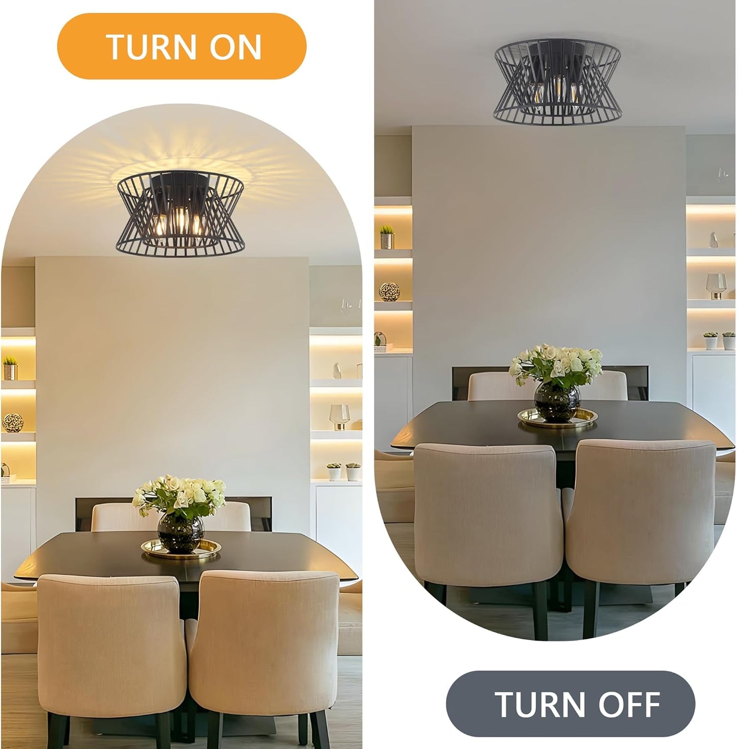 3-Lights Black Ceiling Light Vintage Geometric Chandelier Light Fixture Adjustable Metal Semi Flush Mount Lighting for Kitchen Room Dining Room Foyer