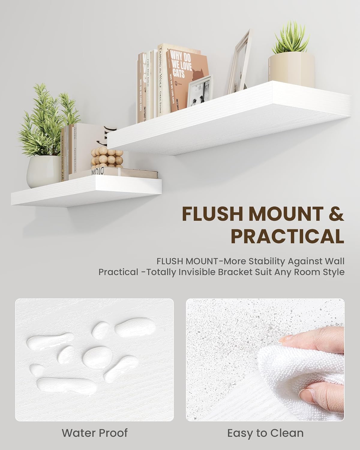 Marsmiles 30" Floating Shelves for Wall, Wooden Shelves with Invisible Brackets Set of 2, Rustic Farmhouse Wall Mounted Shelf for Kitchen Bathroom Living Room Study, White