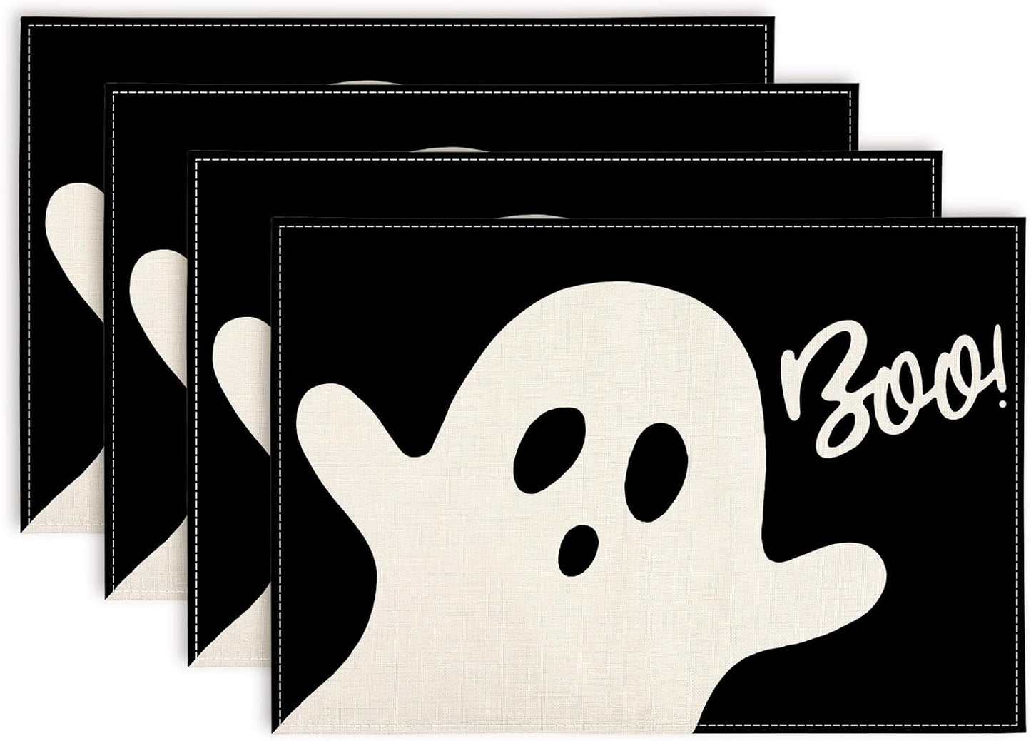 Halloween Ghost Placemats Black Cute Ghost Boo Table Mats 12 x 18 Inch Trick or Treat Kitchen Place Mats for Party Home Dining Table Decoration, Set of 4