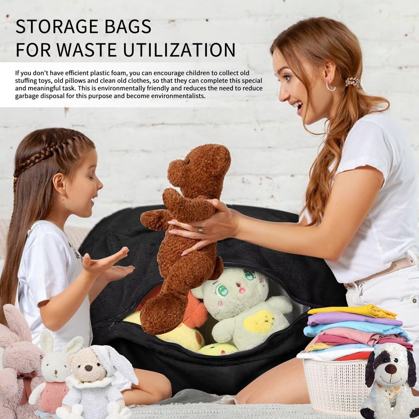 Bean Bag Chair for Adults 4FT,Soft Removable Cover for Teens/Girls Bedroom,Fluffy Giant Round Floor Beanbag Lounger Chairs (No Filler,Black)