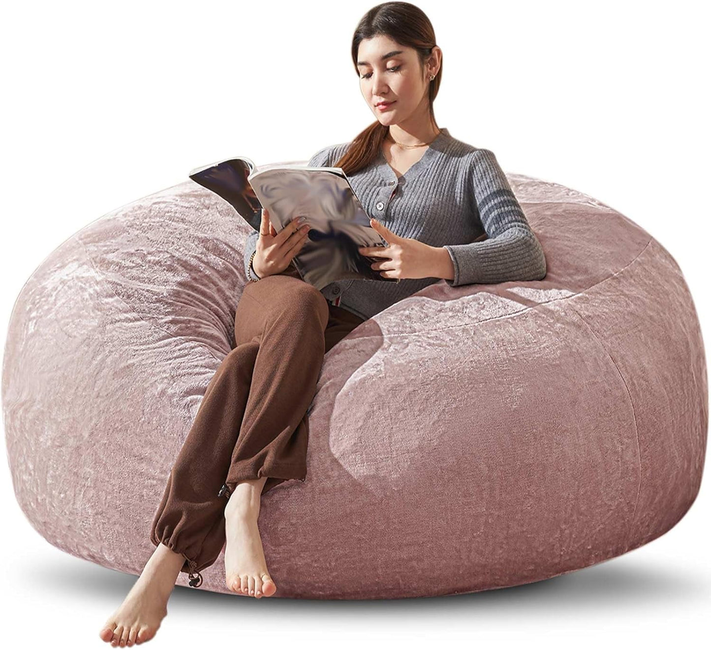 Bean Bag Chair 5Ft, Memory Foam Filled, Large Beanbag Chairs for Adults and Teens, Soft Sofa with Removable Flannel Cover, Round Couch for Living Room Bedroom College Dorm (Pink, 5FT-60×60"×24")