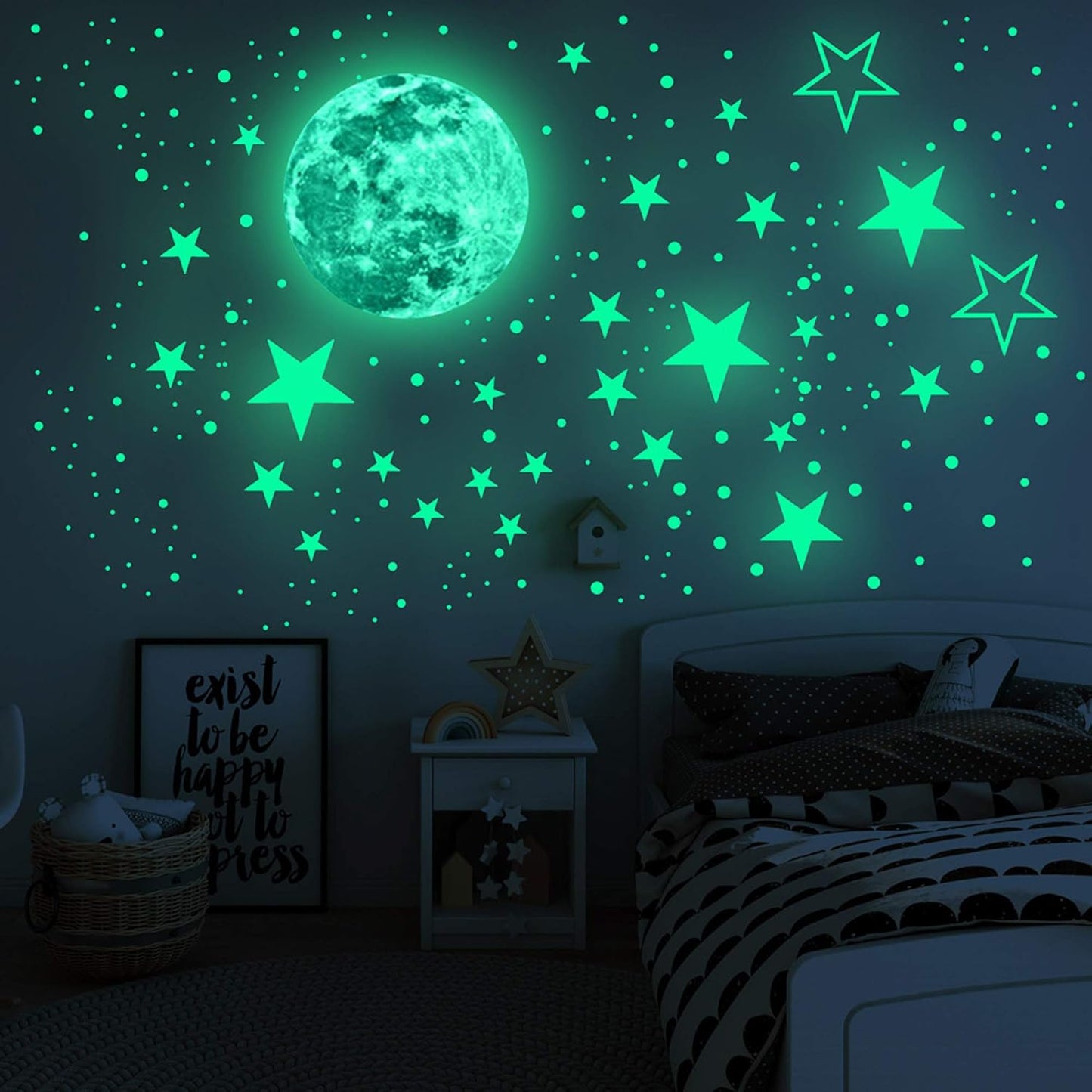 Luminous Wall Decals Ceiling Stickers Glow in The Dark Moon and Stars Starry Sky Shining Decals Room Decoration Perfect Gifts for Kids Bedroom Bedding Room, 1 Moon + 436 Stars and Dots