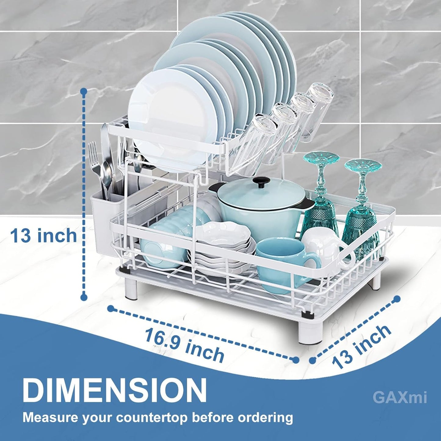 GAXmi Dish Drying Rack Over The Sink Drainer with Drainboard Utensil Holder Cup Holder, 2-Tier White