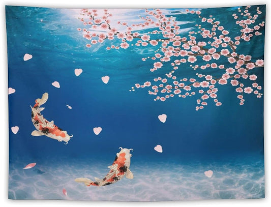 Japanese Koi Fish Tapestry, Cherry Blossoms Asian Oriental Blue Floral Branch Koi Fish Carp Tapestries Wall Hanging for Bedroom Living Room Office Decor 90"x60"