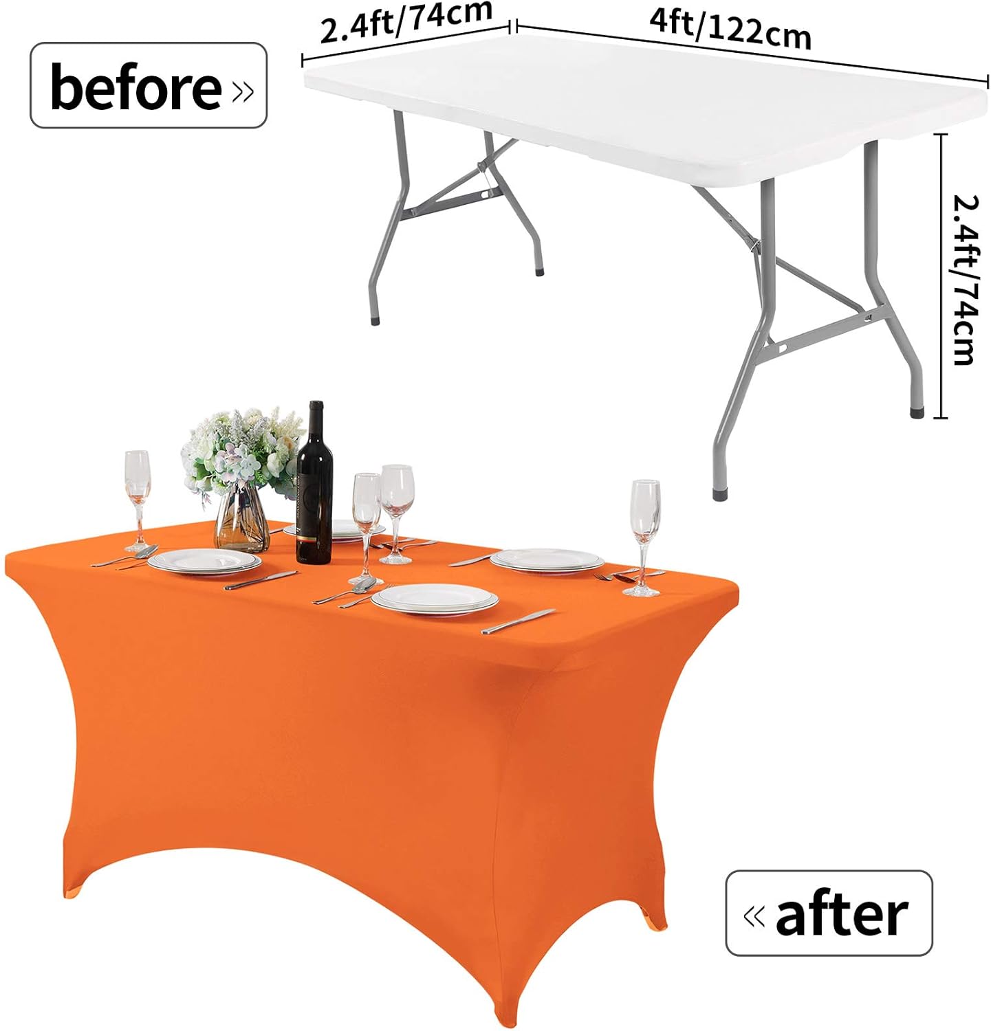 2Pack Spandex Table Cover for 4FT or 6ft or 8ft Table Universal Fitted Stretch Tablecloth for Party, Banquet, Wedding and Events-Orange