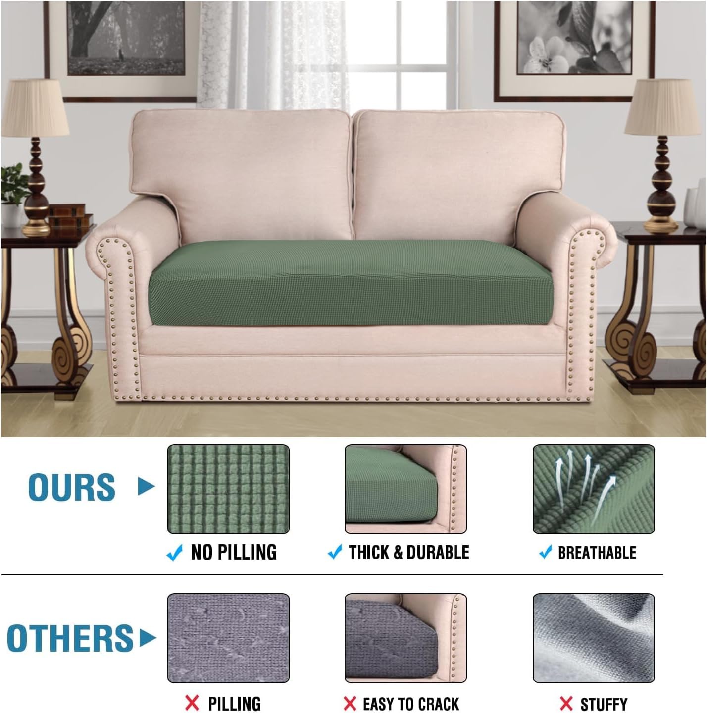 H.VERSAILTEX Super Stretch Individual Seat Cushion Covers Sofa Covers Couch Cushion Covers Slipcover Sets Thick Jacquard Textured Twill Fabric (1 Piece Loveseat Cushion Cover, Loden Frost)